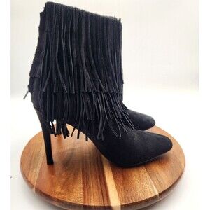 Zara Fringe Ankle Booties Women's 8.5M Black Suede Back Zip 4 Inch Heel Western